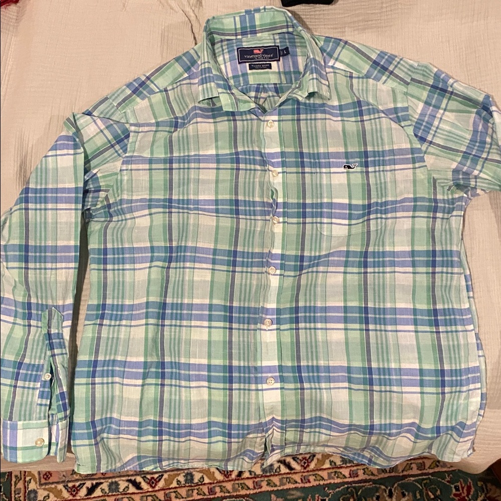 Vineyard Vines Blue and Green Plaid Shirt